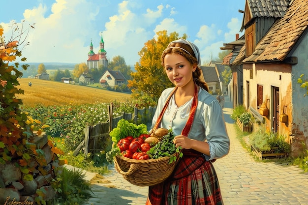 young woman with a basket of fruits and vegetables on a street in a rural area