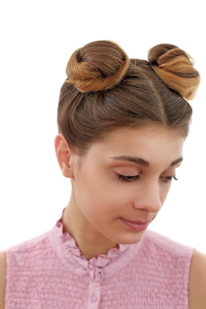 Young woman with beautiful hairstyle on white background