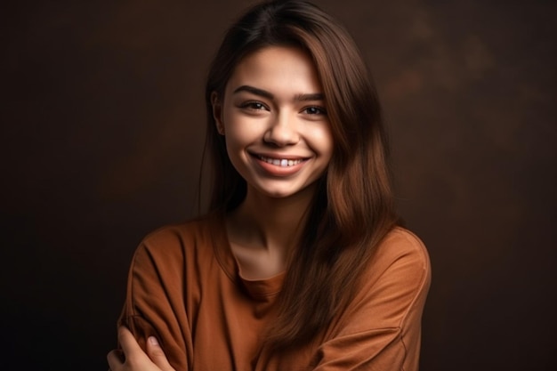 A young woman with a big smile is smiling and has a brown shirt on.