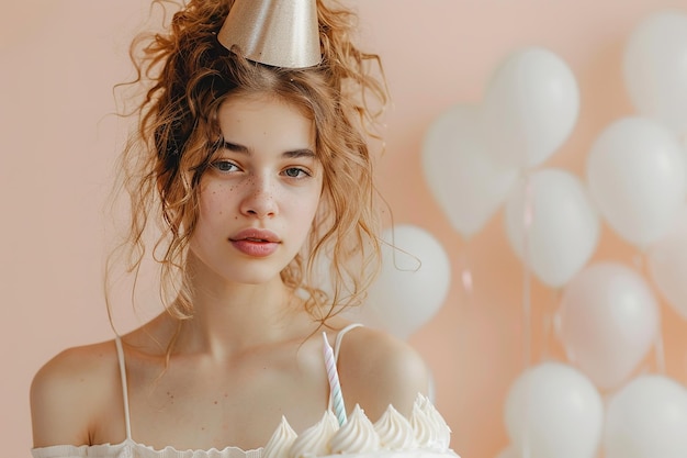 Photo young woman with a birthday hat and cake surrounded by balloons