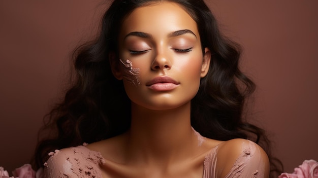 Photo young woman with black eyes covered with clay mud beauty spa and body care concept