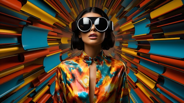 Photo young woman with black hair and glasses on colorful background and contemporary fashion design