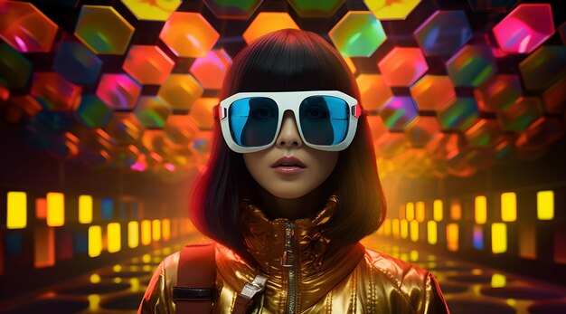 Young woman with black hair and goggles on colorful background and contemporary fashion design