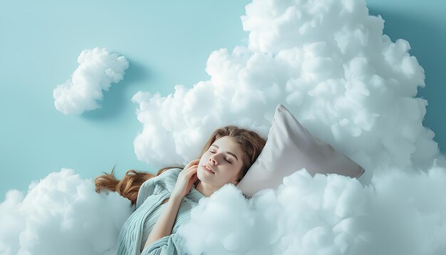 Молодая женщина с одеялом и подушкой лежит на мягком облаке на светло-голубом фоне