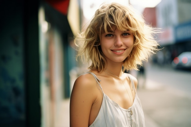 a young woman with blonde hair standing in front of a building