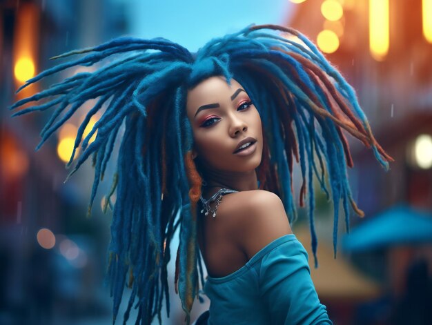 Young woman with blue dreadlocks dancing reggae on the street