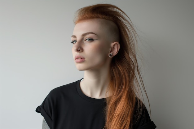 Photo young woman with bold hairstyle posing indoors during daytime