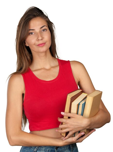 Foto giovane donna con un mucchio di libri