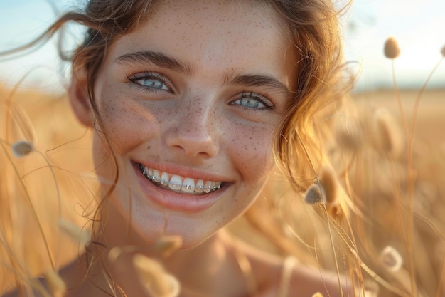 Young woman with braces smiling Closeup portrait with bokeh background