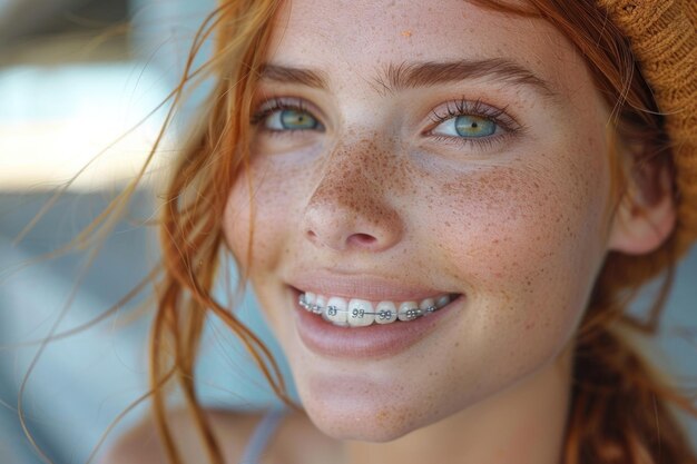 Young woman with braces smiling Closeup portrait with bokeh background