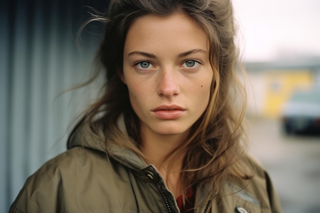 a young woman with brown hair and green eyes