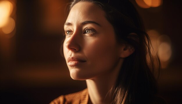 Young woman with brown hair indoors looking at camera smiling generated by ai