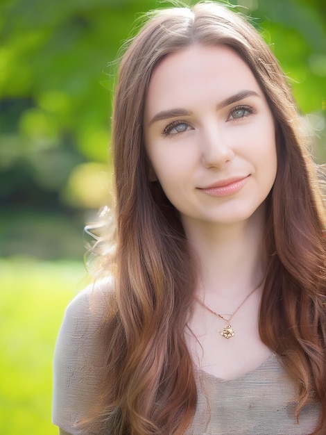 Young woman with brown hair looking at camera outdoors