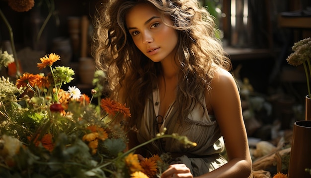 写真 ai によって生成された花を屋外で微笑む茶色の髪の若い女性
