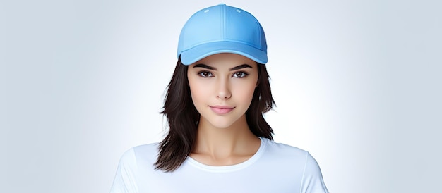 Young woman with brown hair wearing blue hat and shirt against white background with empty area