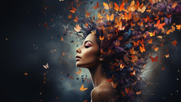 young woman with butterflies on her head in autumn forest