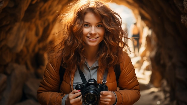 カメラを持つ若い女性