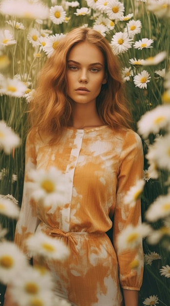 Young woman with chamomile flowers in summer