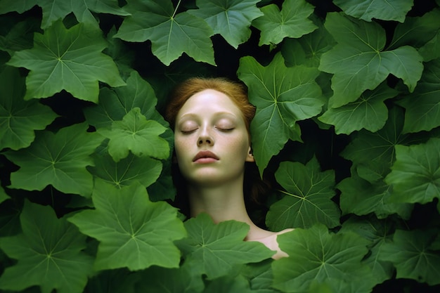 Photo young woman with closed eyes among green leaves nature beauty concept