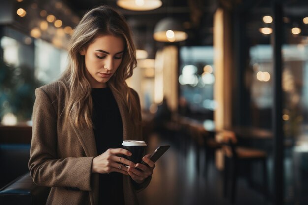 A young woman with a coffee work in her cell phone