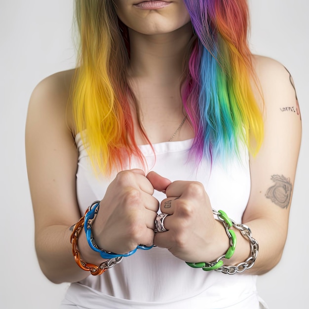 화려한 머리와 흰색 배경 LGBT 개념에 수갑을 가진 젊은 여자