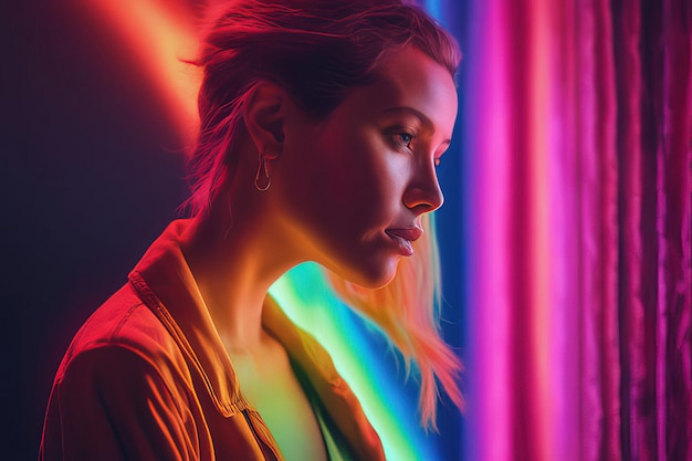 young woman with colorful neon light on background