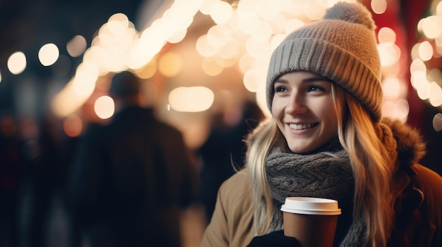 Young woman with cup of hot drink at Christmas fair Enjoying Christmas bokeh