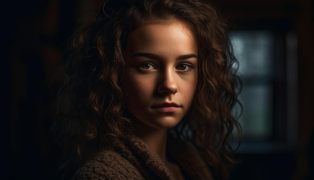 Young woman with curly brown hair smiling confidently generated by AI