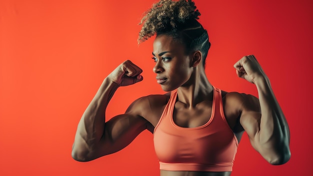 A young woman with curly hair and a determined expression on her face shows off her muscular arms