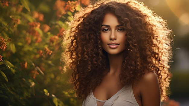 young woman with curly hair enjoys outdoors