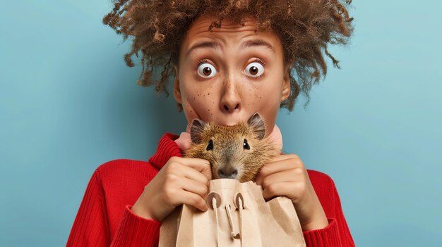 Photo a young woman with curly hair and freckles is holding a brown guinea pig in a paper bag