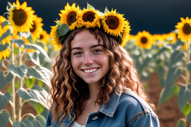 Young woman with curly hair and freckles in sunflower field