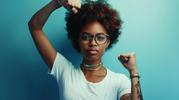 Foto una giovane donna con i capelli ricci e gli occhiali alza i pugni davanti a uno sfondo blu