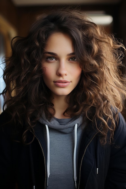 a young woman with curly hair and a hoodie