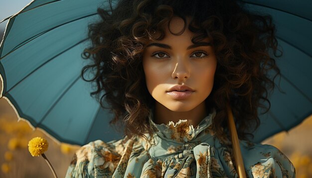 Photo young woman with curly hair looking at camera outdoors generated by ai