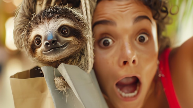 Photo a young woman with curly hair and a red tank top is holding a sloth in her arms