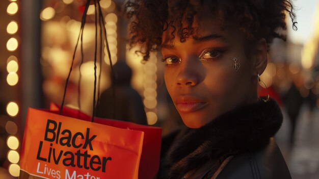 Photo a young woman with curly hair and a serious expression on her face is holding a shopping bag with the words black lives matter written on it