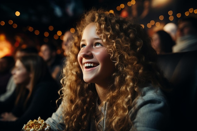 молодая женщина с вьющимися волосами сидит в кинотеатре и смотрит фильм, ест вкусный попкорн и наслаждается