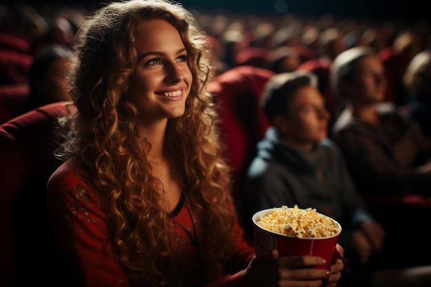 young woman with curly hair sitting in the cinema and watching movieeating tasty popcorn and enjoying