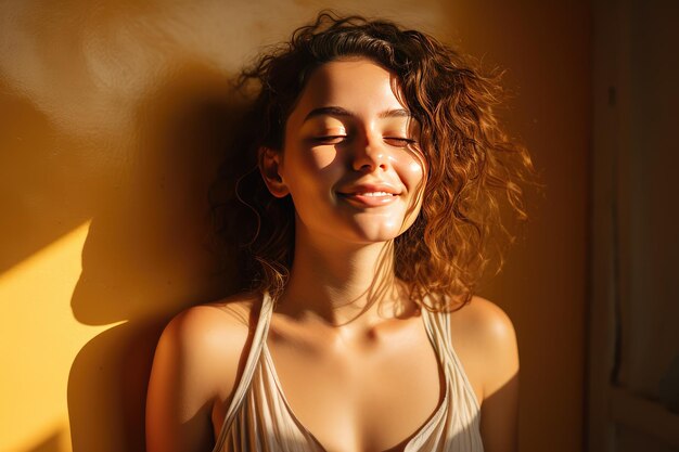 Young woman with curly hair smiling against an orange wall background with sunlight coming in from the side concept of joy and serenity