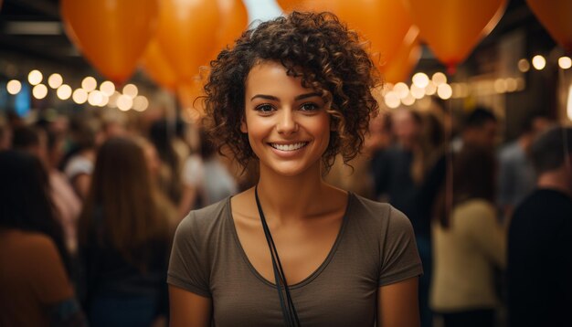 Young woman with curly hair smiling enjoying nightlife in the city generated by artificial intelligence