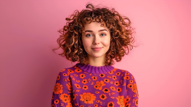 Young woman with curly hair smiling in stylish floral outfit Casual fashion cheerful portrait Pink background studio shot Perfect for lifestyle content AI