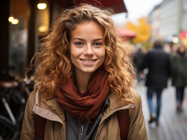 a young woman with curly hair standing on a street