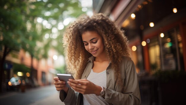 Young woman with curly hair using mobile phone in a city street