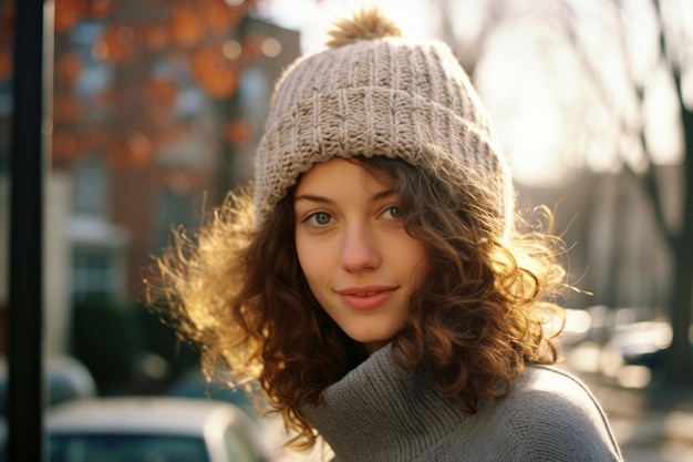 a young woman with curly hair wearing a knitted hat