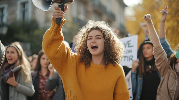 Photo young woman with curly hair wearing a mustard yellow sweater enthusiastically speaking into a megaphone at a public demonstration surrounded by a diverse crowd of people