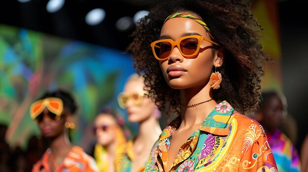 A young woman with curly hair and wearing sunglasses poses in front of a colorful background