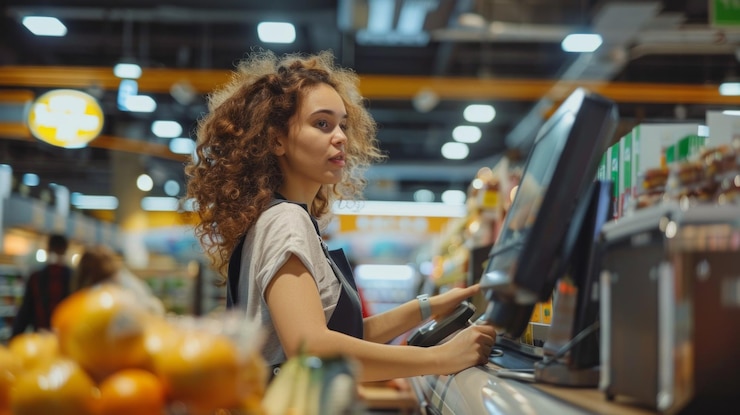 Photo a young woman with curly hair works as a cashier at a supermarket focused on her task as she processes customer orders