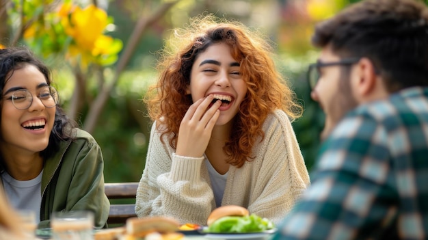 Photo young woman with curly red hair is laughing heartily with her friends at an outdoor dining table