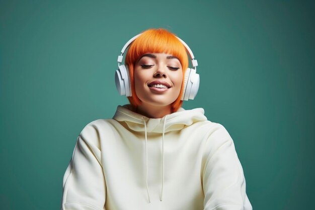 Young woman with curly red hair and wireless headphones listening to music eyes closed closeup studio portrait on green background with copy space